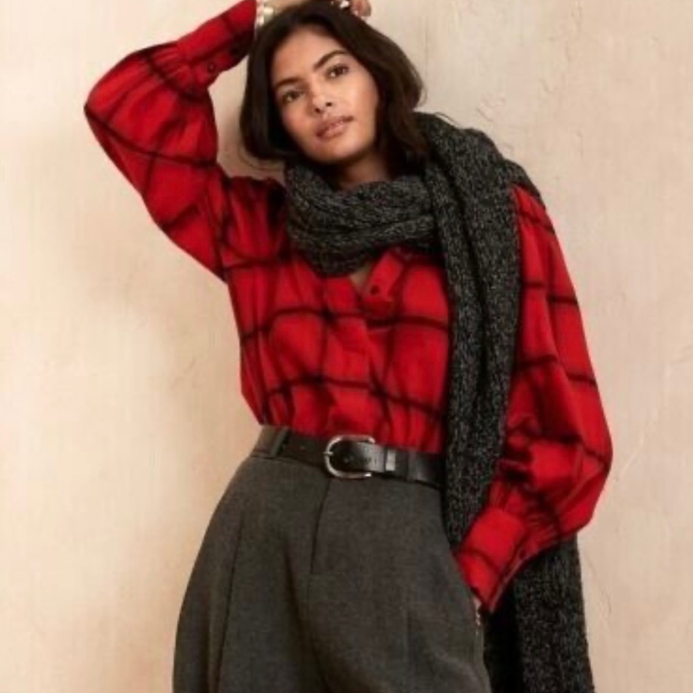 Banana Republic Red Plaid Bishop Sleeve Brushed Organic Cotton Top
